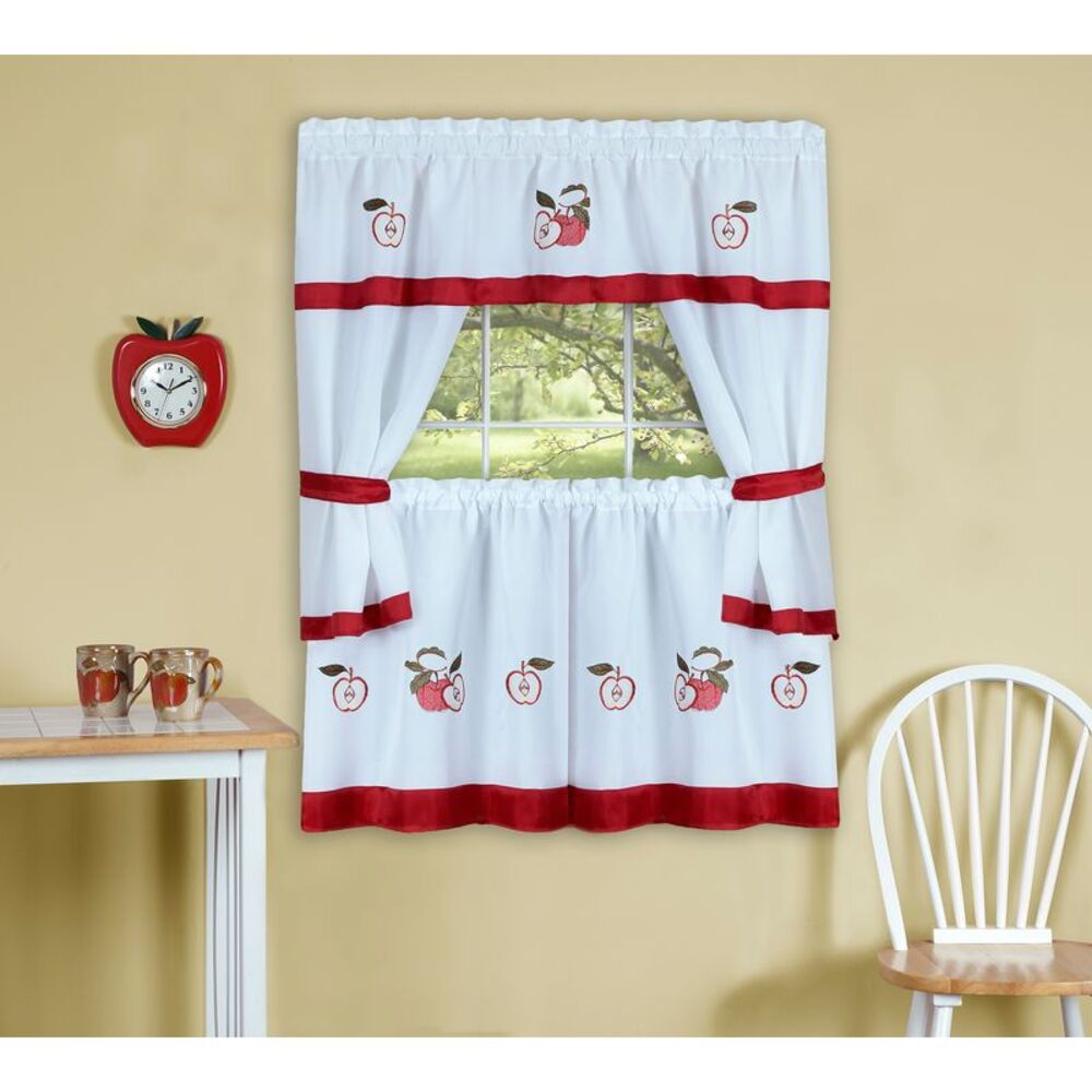 Gala Window Kitchen Curtains 3-Piece Embellished Cottage Set - 56" (W) x 36" (L)